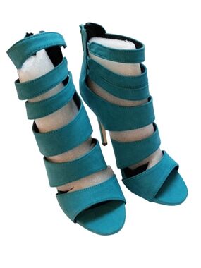 Call It Spring High Heel Sandals Shoes Teal Faux Suede Zip Back Women's Size 7